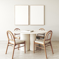 Wooden beige diningroom interior with dining table, book and chairs background. Natural light brown stone floor. Mock up empty 2 picture frame. 3d rendering. High quality 3d illustration