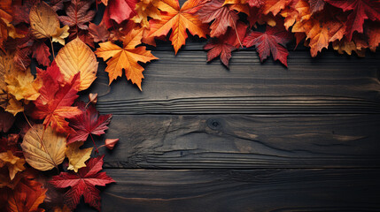 Border frame of colorful autumn leaves isolated on wooden background. Autumn concept. Space for text - Powered by Adobe