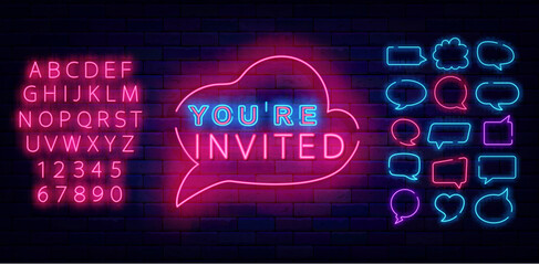 You are invited neon label. Speech bubbles frames collection. Welcome sign. Simple signboard. Vector stock illustration