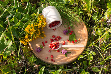 wild strawberry berries on a wooden plate. St. John's wort and clover flowers