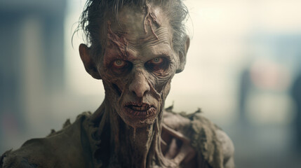 Portrait of a pale-skinned zombie with a blank stare, creature from horror and apocalypse stories.