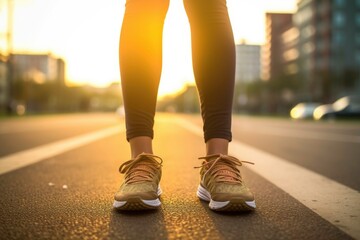 A female wearing sneakers waiting to start her jogging in the morning. Generated by ai