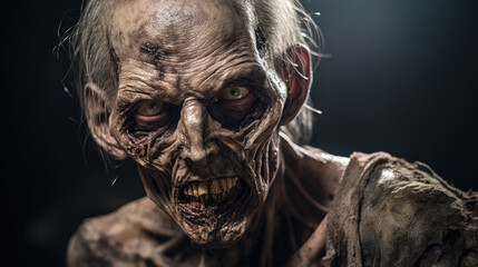 Portrait of a pale-skinned zombie with a blank stare, creature from horror and apocalypse stories.