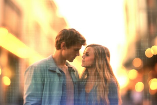 Casually dating, selective focus, pastels, video glitches, photo taken with provia. Generated by ai