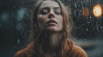 Close-up of a woman's face in the rain. Generated by ai