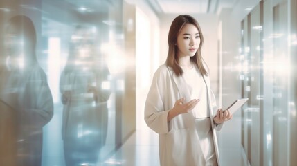 Fototapeta premium Image of a female doctor holding a tablet in the corridor, aluminum style, blurred shapes. Generated by ai