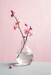 Pink sakura flowers in vase on white table and pink wall background © artem