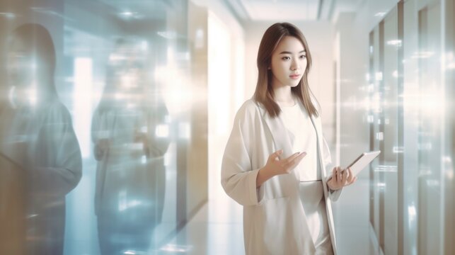 Image of a female doctor holding a tablet in the corridor, aluminum style, blurred shapes. Generated by ai