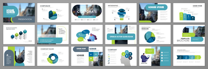 Business infographic elements template set. Keynote presentation background, slide templates design, website ideas, brochure cover design, landing page, annual report brochure. Vector Illustration