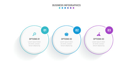 Timeline infographic with infochart. Modern presentation template with 3 spets for business process. Website template on white background for concept modern design. Horizontal layout.