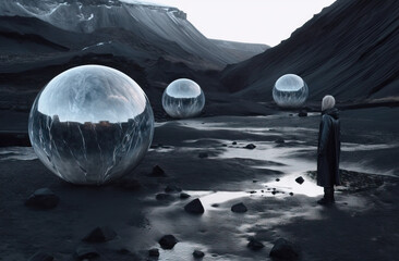 Surreal scene of a man and a big alien planet