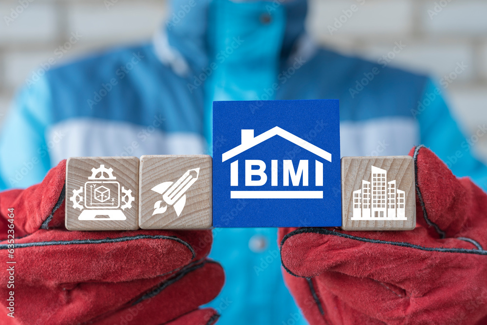 Poster engineer holding colorful blocks with icon sees abbreviation: bim. concept of bim building informati