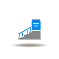 Vector illustration of staircase and book upstairs. Icon of book festival. Symbol of educational career. Sign of skills, knowledge achievement.