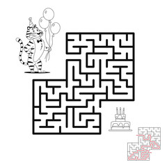 Maze game for kids with solution. Let's help tiger to find way to his Birthday cake. Animal character puzzle learning coloring book page design. Labyrinth black and white outline vector illustration.