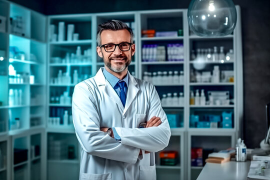 Pharmacien, portant des lunettes et une blouse blanche, dans sa pharmacie - Générative IA