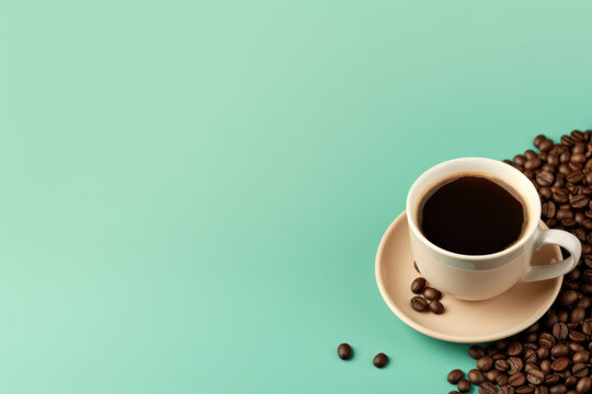 White Cup of Coffee Surrounded by Brown Coffee Beans on Mint Green Blue Background Generative AI