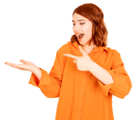 Pointing finger, excited young woman standing  transparent png image. Pointing finger. Happy face holding invisible product on her open palm. Looking to side away aside copy space for text, recommend.