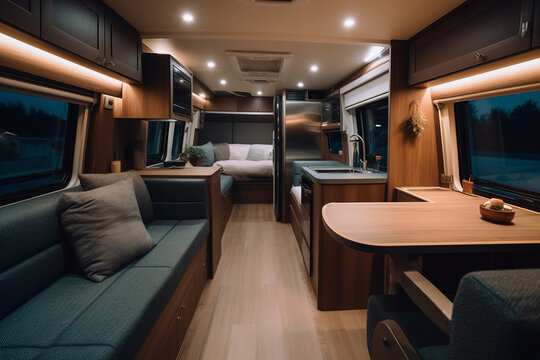  Cosy Interior of motor home camping car, furnishing decor of salon area, comfortable modern caravan house design. Relaxation areas for road travel. Travelling and entertainment concept. Generative AI