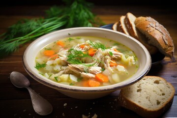 A bowl of steaming chicken soup with carrots, potatoes, and dill, on a wooden table.