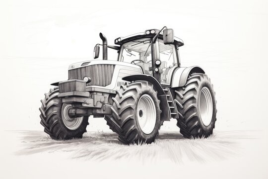Fototapeta Black and white drawing of a big tractor with large tires.