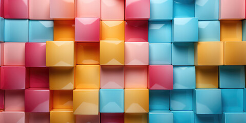 Flat colored blocks, fluorescent blue, pink, yellow, white, pop style. Geometrical abstract wallpaper. 3d render illustration style.