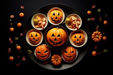 Halloween concept. scary food. mini pumpkins and monster-shaped cookies. Top-down view.