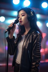 cute Asian girl with a microphone, recording a c-pop song.