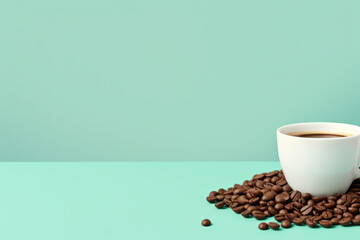 White Cup of Coffee Surrounded by Brown Coffee Beans on Mint Blue Background Generative AI
