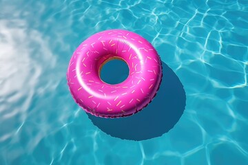 Pink donut shaped inflatable circle floats in the pool