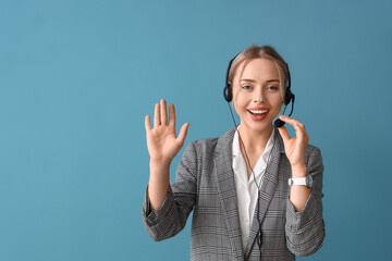 Female technical support agent on blue background