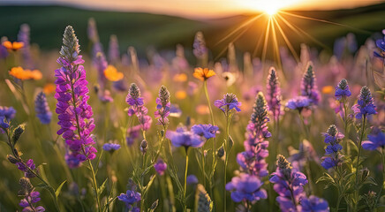 Vibrant Sunset over Idyllic Meadow with Wildflowers