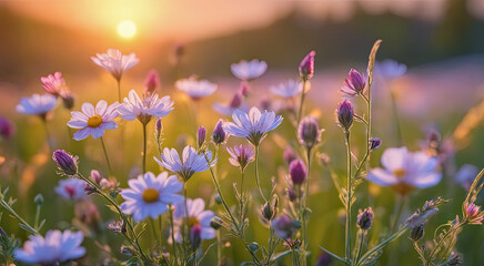 Fototapeta premium Vibrant Sunset over Idyllic Meadow with Wildflowers