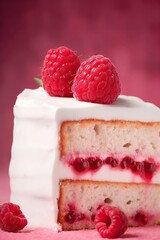 Piece of cake with raspberries on a pink background.
