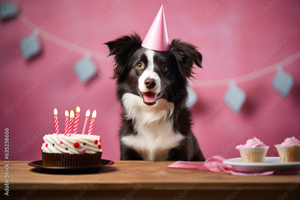 Wall mural a dog with a cake in a festive hat, food on the table, a home holiday