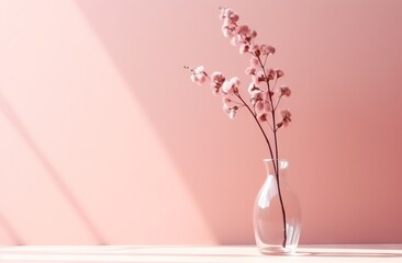 beautiful pink with white daisies arranged in large clear vase, in the style of minimalism