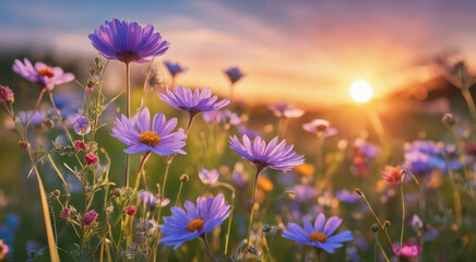 Vibrant Sunset over Idyllic Meadow with Wildflowers