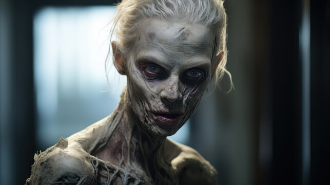 A pale-skinned female zombie with a blank stare, creature from horror and apocalypse stories.