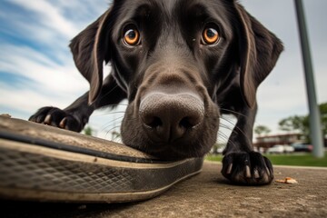 A black Labrador dog laying on a shoe.