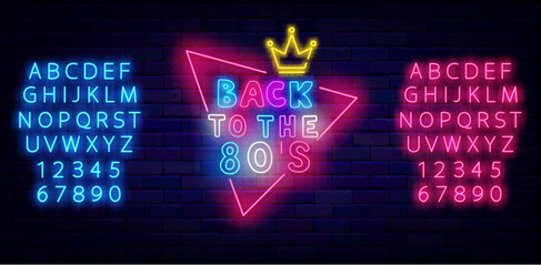 Back to the 80s party neon label. Triangle frame with crown. Shiny pink and blue alphabet. Vector stock illustration