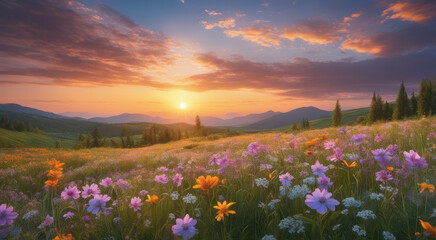 Fototapeta premium Vibrant Sunset over Idyllic Meadow with Wildflowers