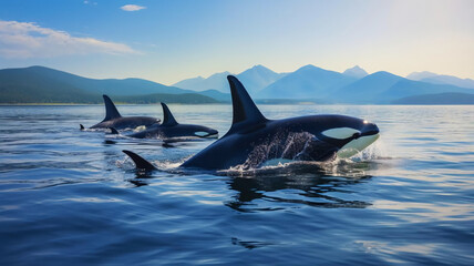 Fototapeta premium Wild Orcas Whales pod in open water in blue ocean. AI Generative.