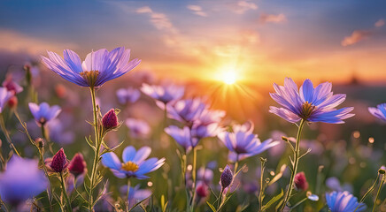 Fototapeta premium Vibrant Sunset over Idyllic Meadow with Wildflowers