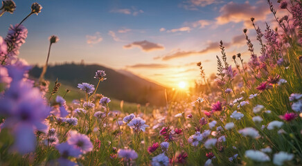 Naklejka premium Vibrant Sunset over Idyllic Meadow with Wildflowers