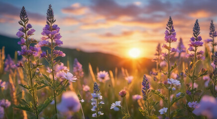 Obraz premium Vibrant Sunset over Idyllic Meadow with Wildflowers