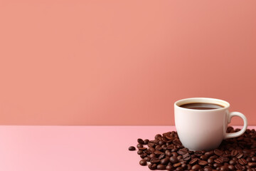 White Cup of Coffee Surrounded by Brown Coffee Beans on Light Pink Background Generative AI