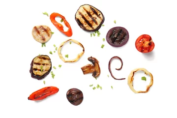 Poster Composition with different tasty grilled vegetables on white background © Pixel-Shot