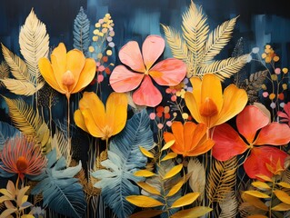Illustration of a vibrant floral painting on a dark background. Generative AI