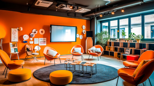 Salle de r&eacute;union confortable et conviviale en entreprise - Espace de travail collaboratif pour &eacute;quipe ou groupe de travail - G&eacute;n&eacute;rative IA
