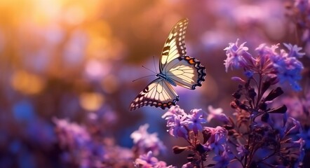 Butterfly on lilac flowers in the garden, nature background