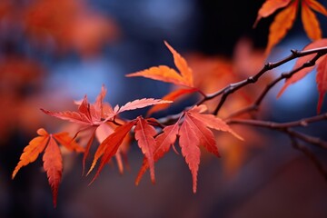 Autumn leaves on a tree branch in the forest. Autumn background